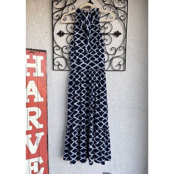 Michael Kors Jacquard Print Midi Halter Dress - Size Large - Navy Blue/ White - Picture 9 of 11